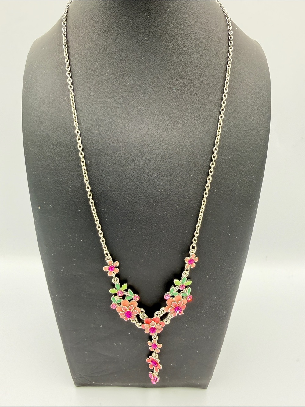 Pink Floral Drop Necklace with Green Leaves - Women's Jewelry